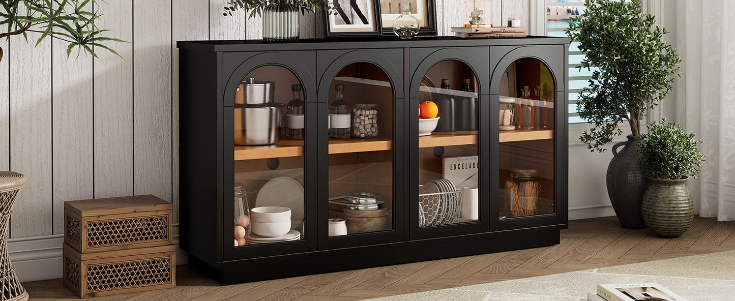 TREXM 4 - Door Large Storage Buffet Cabinet with Glass Doors, Arched Cabinet with Adjustable Shelves for Kitchen, Dining Room and Living Room (Black) - 1st Choice Furniture Direct