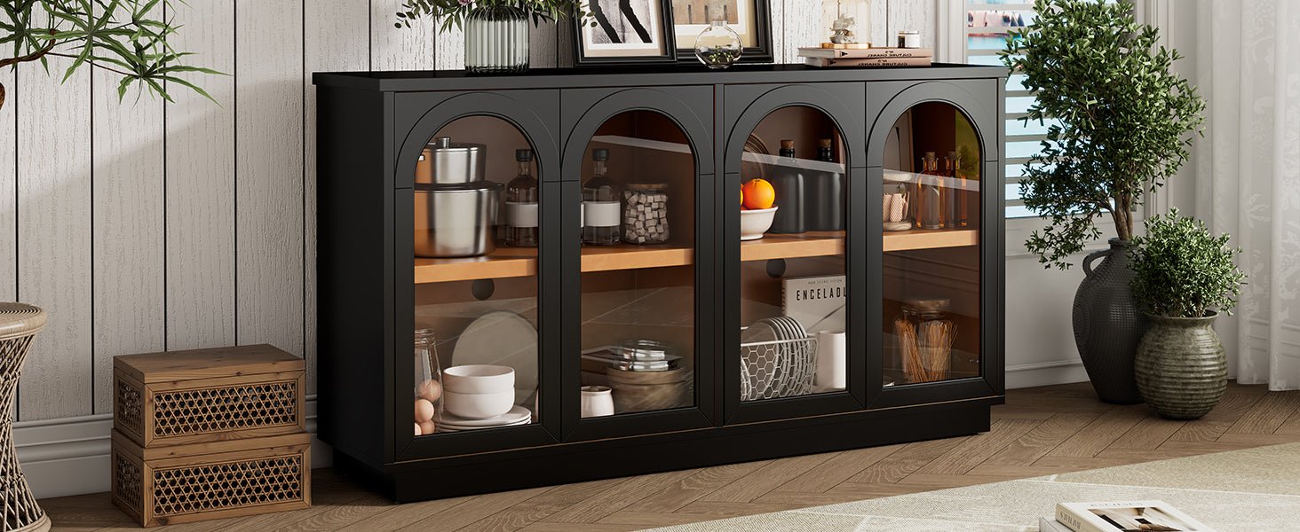TREXM 4 - Door Large Storage Buffet Cabinet with Glass Doors, Arched Cabinet with Adjustable Shelves for Kitchen, Dining Room and Living Room (Black) - 1st Choice Furniture Direct