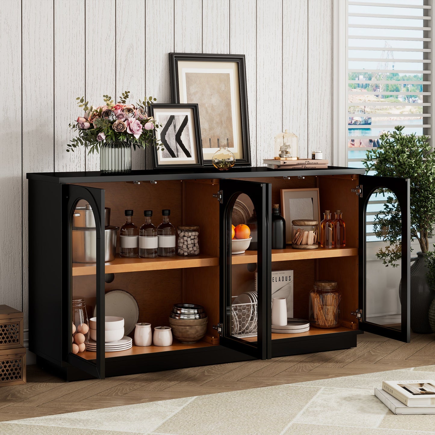 TREXM 4 - Door Large Storage Buffet Cabinet with Glass Doors, Arched Cabinet with Adjustable Shelves for Kitchen, Dining Room and Living Room (Black) - 1st Choice Furniture Direct