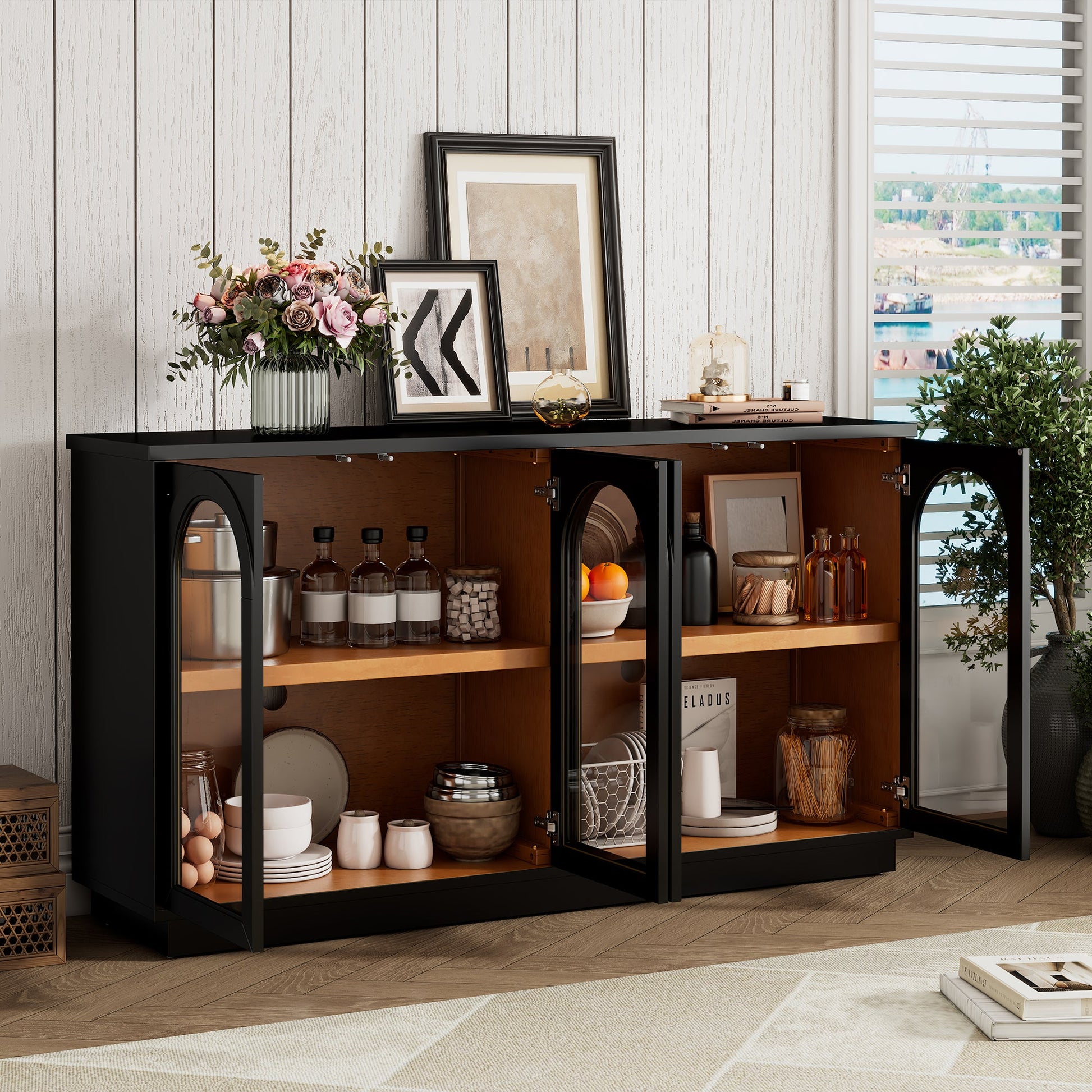TREXM 4 - Door Large Storage Buffet Cabinet with Glass Doors, Arched Cabinet with Adjustable Shelves for Kitchen, Dining Room and Living Room (Black) - 1st Choice Furniture Direct