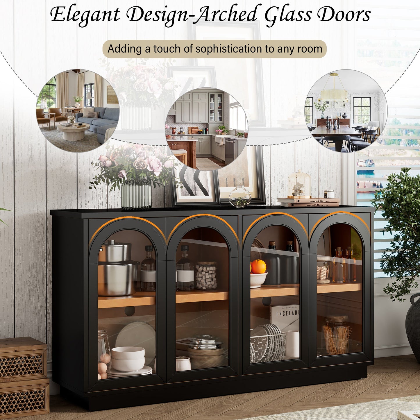 TREXM 4 - Door Large Storage Buffet Cabinet with Glass Doors, Arched Cabinet with Adjustable Shelves for Kitchen, Dining Room and Living Room (Black) - 1st Choice Furniture Direct