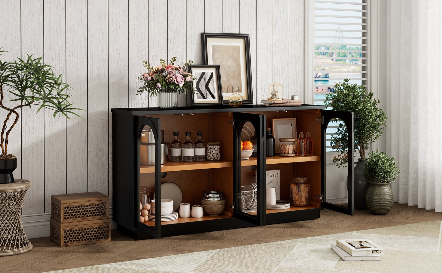 TREXM 4 - Door Large Storage Buffet Cabinet with Glass Doors, Arched Cabinet with Adjustable Shelves for Kitchen, Dining Room and Living Room (Black) - 1st Choice Furniture Direct