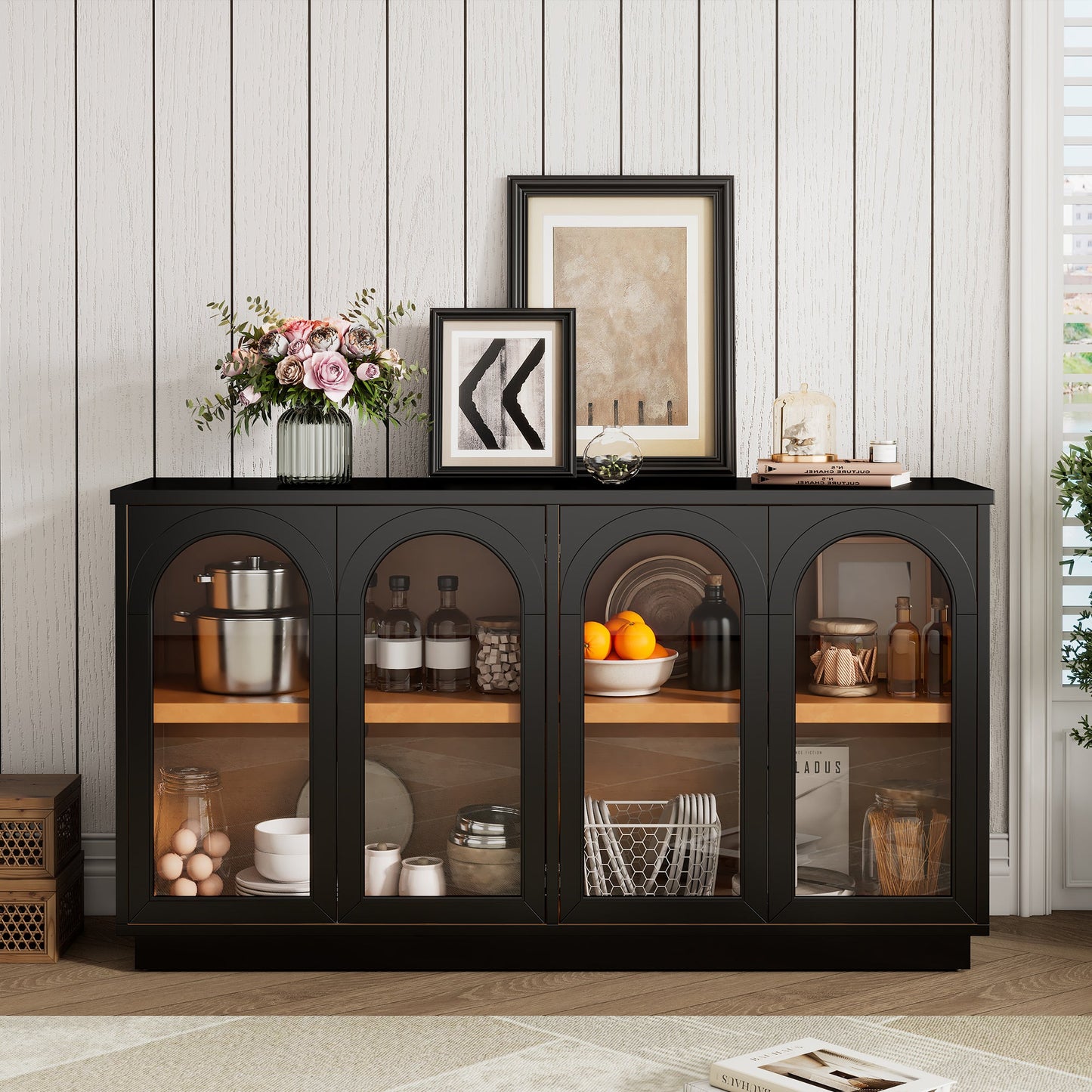 TREXM 4 - Door Large Storage Buffet Cabinet with Glass Doors, Arched Cabinet with Adjustable Shelves for Kitchen, Dining Room and Living Room (Black) - 1st Choice Furniture Direct