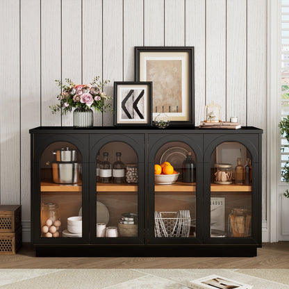 TREXM 4 - Door Large Storage Buffet Cabinet with Glass Doors, Arched Cabinet with Adjustable Shelves for Kitchen, Dining Room and Living Room (Black) - 1st Choice Furniture Direct