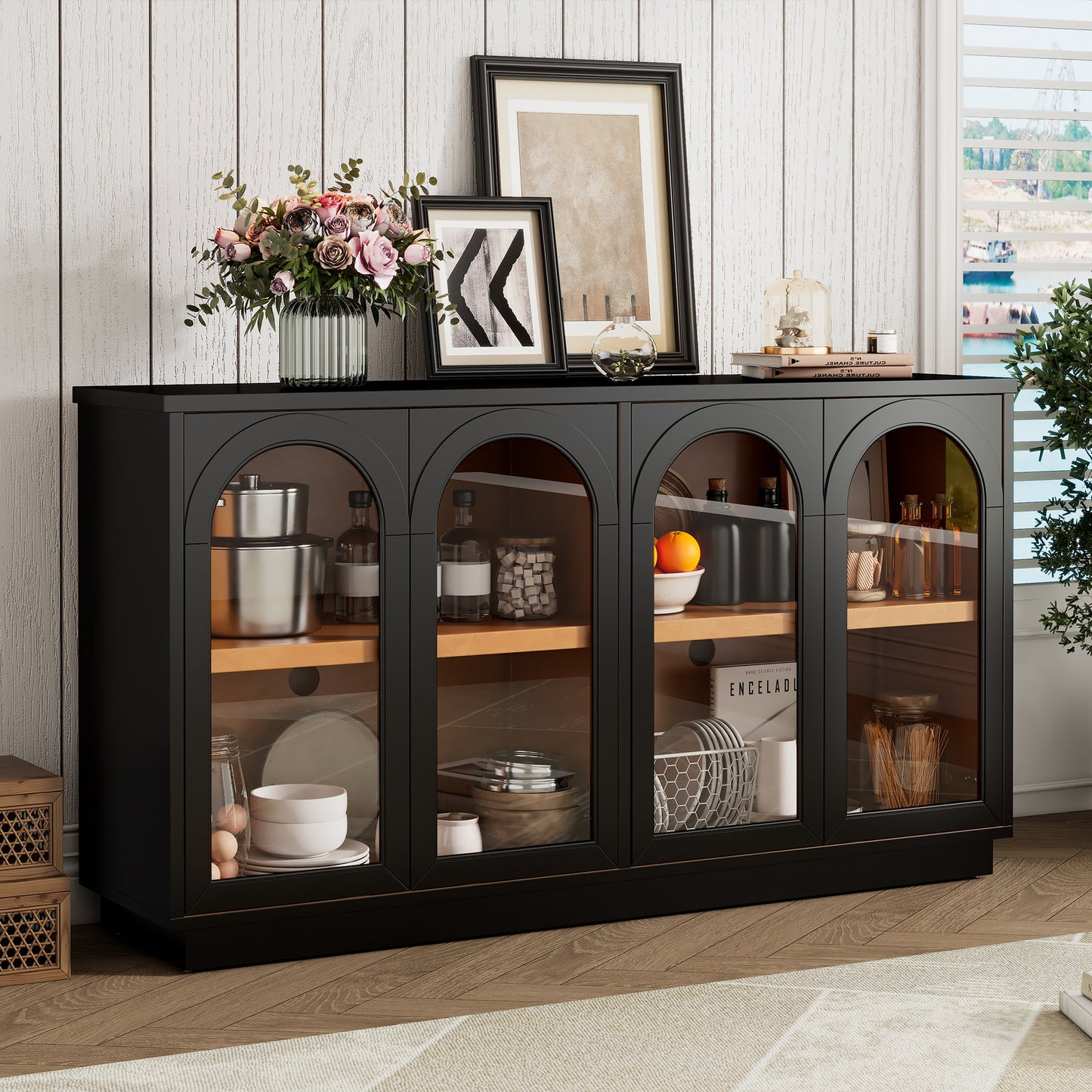 TREXM 4 - Door Large Storage Buffet Cabinet with Glass Doors, Arched Cabinet with Adjustable Shelves for Kitchen, Dining Room and Living Room (Black) - 1st Choice Furniture Direct