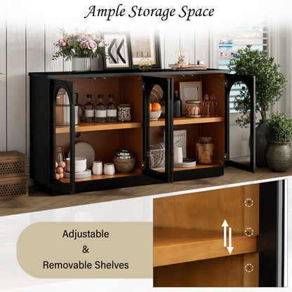 TREXM 4 - Door Large Storage Buffet Cabinet with Glass Doors, Arched Cabinet with Adjustable Shelves for Kitchen, Dining Room and Living Room (Black) - 1st Choice Furniture Direct
