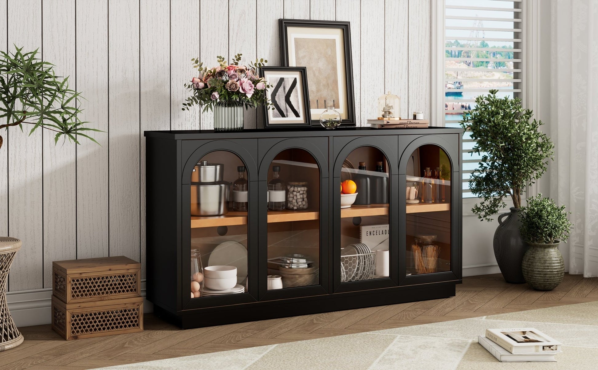 TREXM 4 - Door Large Storage Buffet Cabinet with Glass Doors, Arched Cabinet with Adjustable Shelves for Kitchen, Dining Room and Living Room (Black) - 1st Choice Furniture Direct