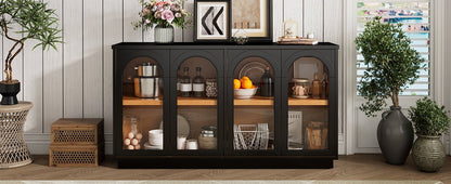 TREXM 4 - Door Large Storage Buffet Cabinet with Glass Doors, Arched Cabinet with Adjustable Shelves for Kitchen, Dining Room and Living Room (Black) - 1st Choice Furniture Direct