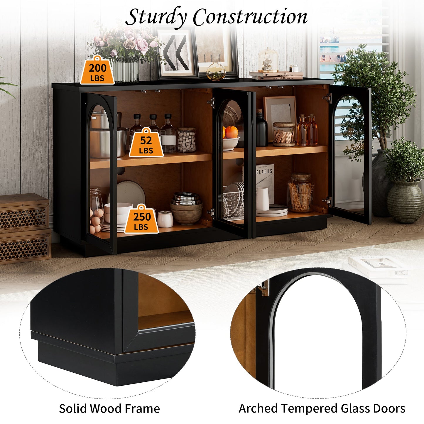 TREXM 4 - Door Large Storage Buffet Cabinet with Glass Doors, Arched Cabinet with Adjustable Shelves for Kitchen, Dining Room and Living Room (Black) - 1st Choice Furniture Direct