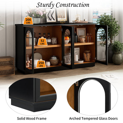 TREXM 4 - Door Large Storage Buffet Cabinet with Glass Doors, Arched Cabinet with Adjustable Shelves for Kitchen, Dining Room and Living Room (Black) - 1st Choice Furniture Direct