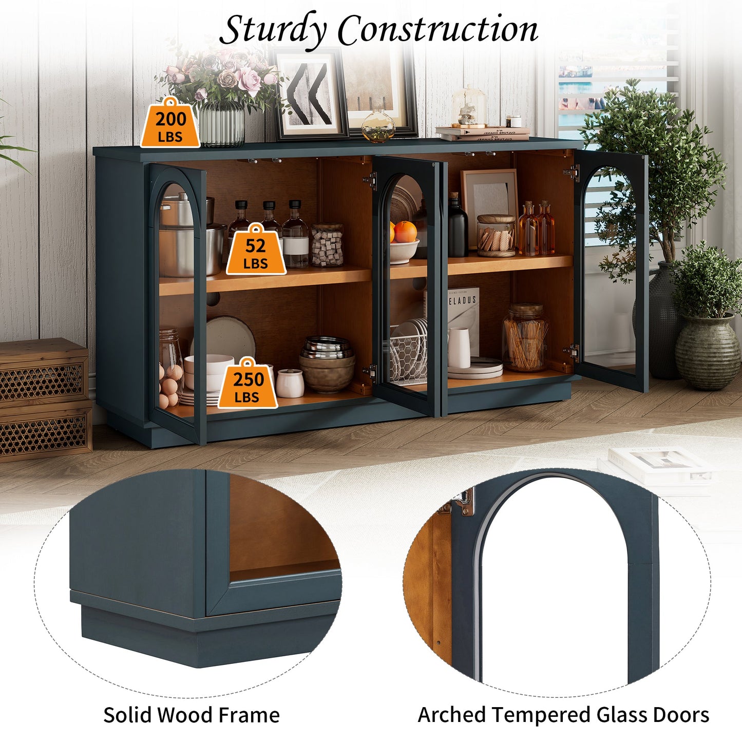 TREXM 4 - Door Large Storage Buffet Cabinet with Glass Doors, Arched Cabinet with Adjustable Shelves for Kitchen, Dining Room and Living Room (Navy) - 1st Choice Furniture Direct