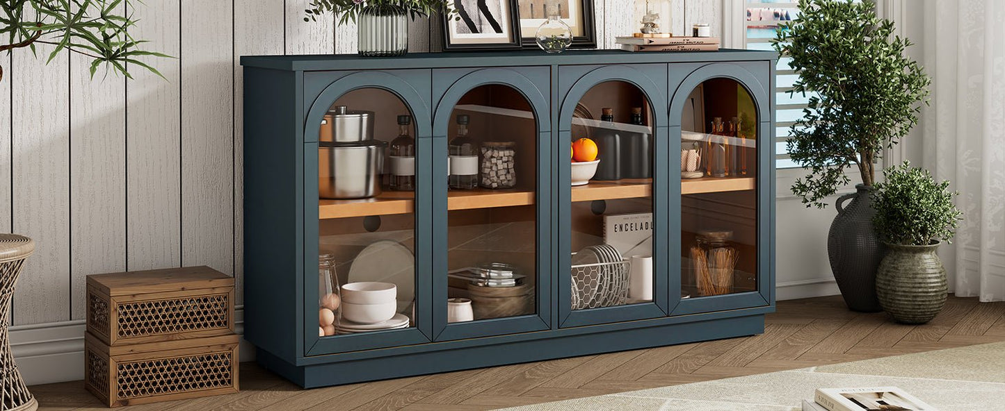 TREXM 4 - Door Large Storage Buffet Cabinet with Glass Doors, Arched Cabinet with Adjustable Shelves for Kitchen, Dining Room and Living Room (Navy) - 1st Choice Furniture Direct