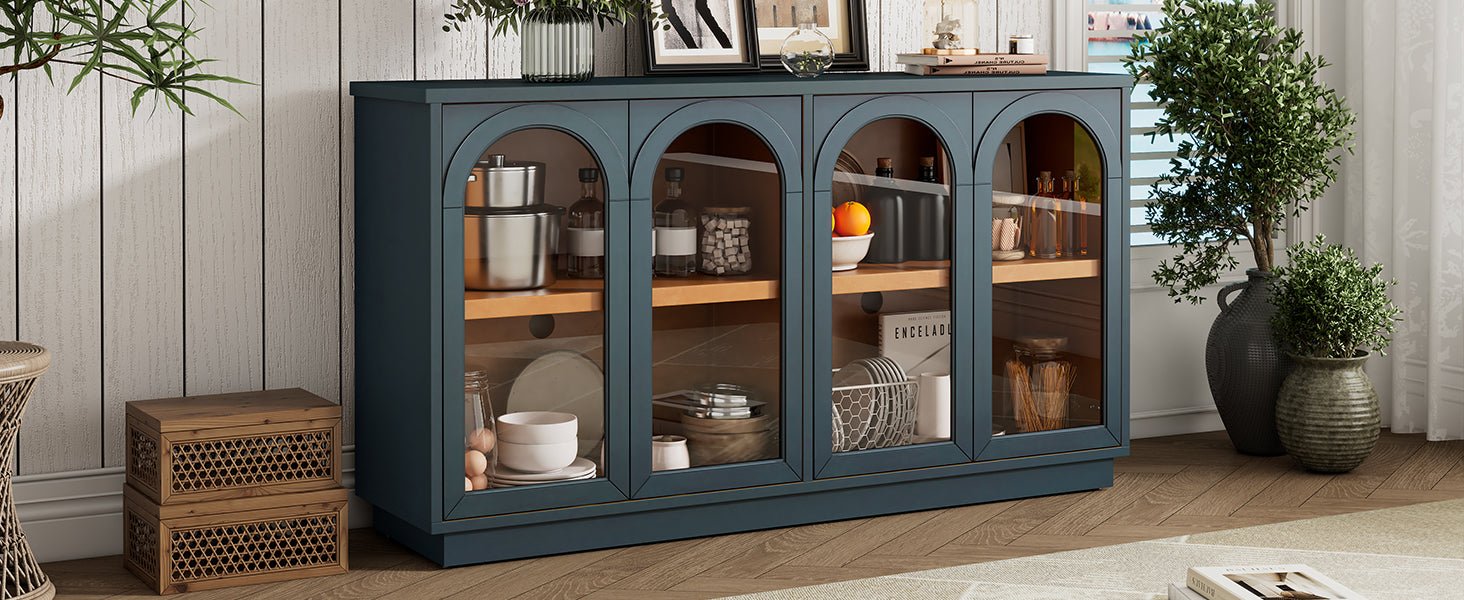 TREXM 4 - Door Large Storage Buffet Cabinet with Glass Doors, Arched Cabinet with Adjustable Shelves for Kitchen, Dining Room and Living Room (Navy) - 1st Choice Furniture Direct