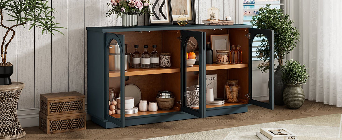 TREXM 4 - Door Large Storage Buffet Cabinet with Glass Doors, Arched Cabinet with Adjustable Shelves for Kitchen, Dining Room and Living Room (Navy) - 1st Choice Furniture Direct