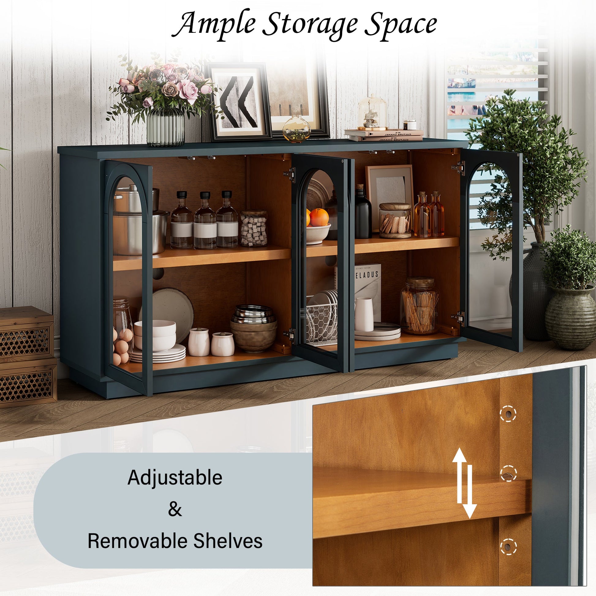 TREXM 4 - Door Large Storage Buffet Cabinet with Glass Doors, Arched Cabinet with Adjustable Shelves for Kitchen, Dining Room and Living Room (Navy) - 1st Choice Furniture Direct
