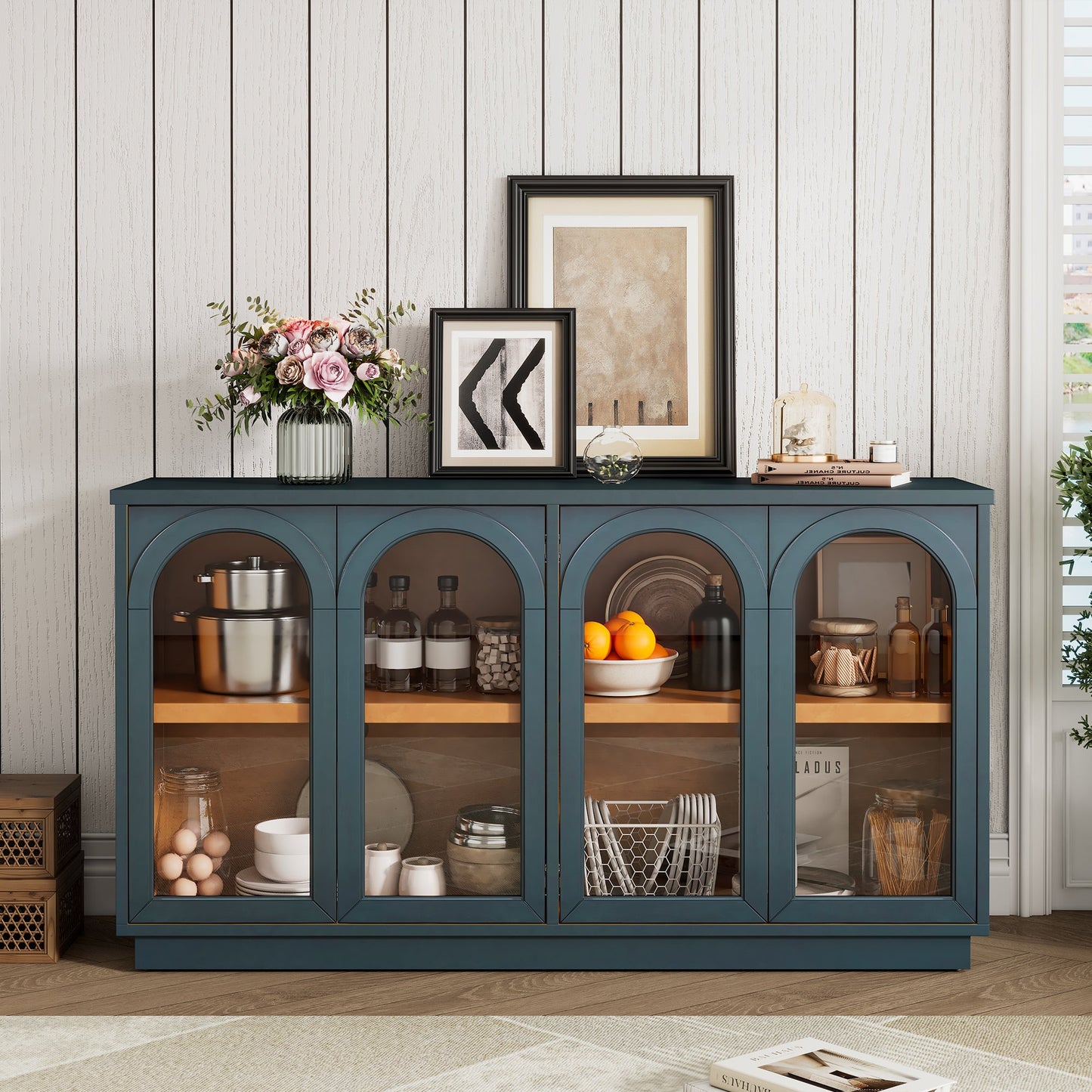 TREXM 4 - Door Large Storage Buffet Cabinet with Glass Doors, Arched Cabinet with Adjustable Shelves for Kitchen, Dining Room and Living Room (Navy) - 1st Choice Furniture Direct