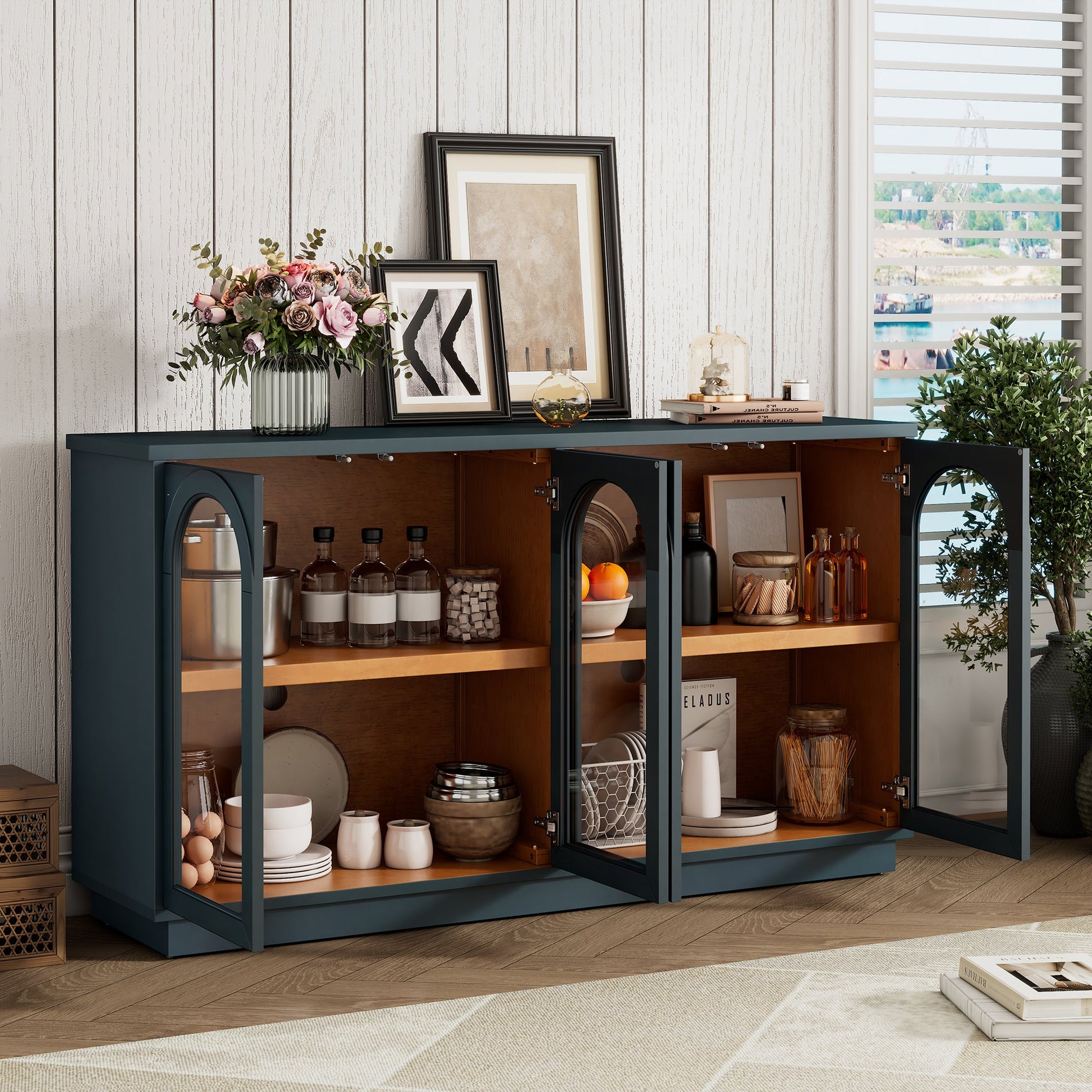 TREXM 4 - Door Large Storage Buffet Cabinet with Glass Doors, Arched Cabinet with Adjustable Shelves for Kitchen, Dining Room and Living Room (Navy) - 1st Choice Furniture Direct