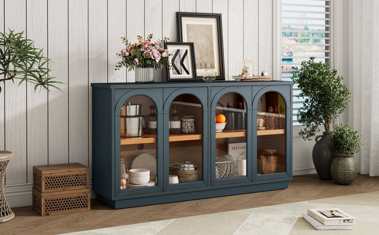 TREXM 4 - Door Large Storage Buffet Cabinet with Glass Doors, Arched Cabinet with Adjustable Shelves for Kitchen, Dining Room and Living Room (Navy) - 1st Choice Furniture Direct