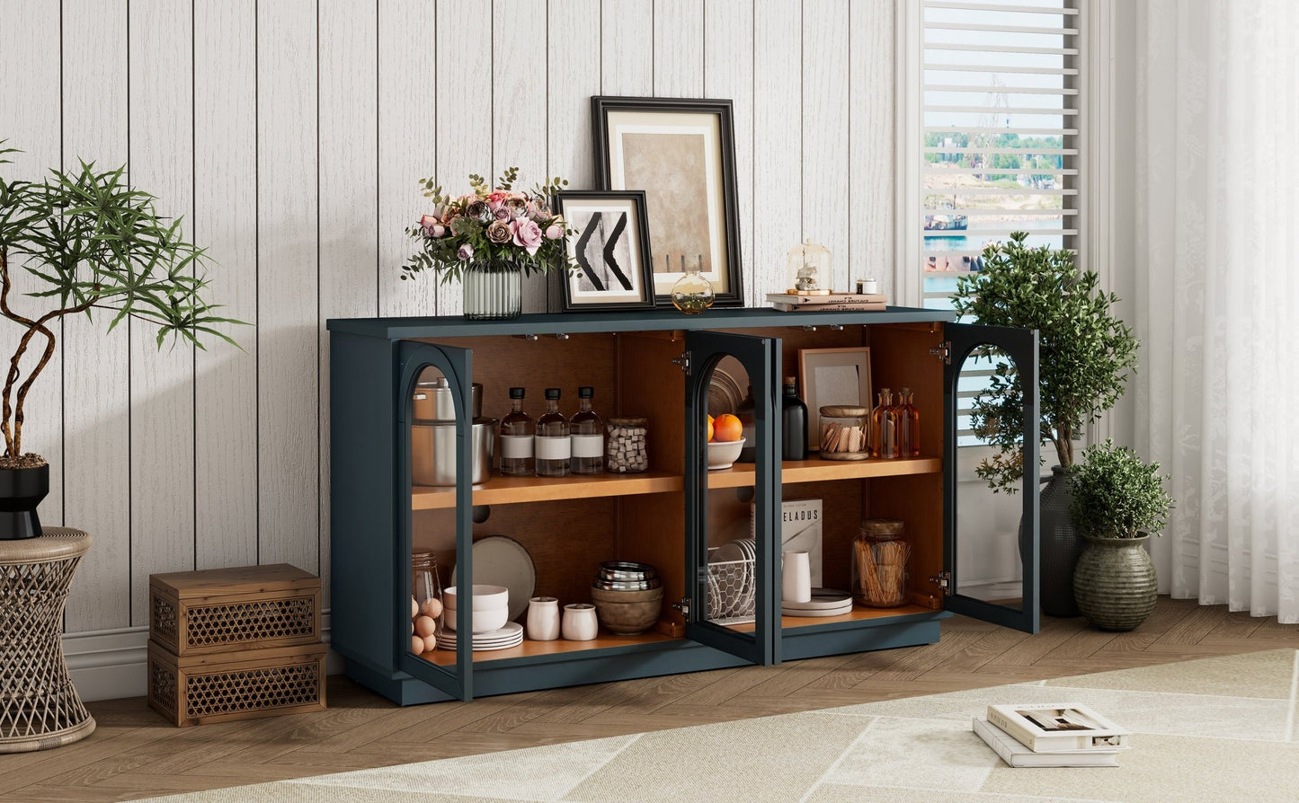 TREXM 4 - Door Large Storage Buffet Cabinet with Glass Doors, Arched Cabinet with Adjustable Shelves for Kitchen, Dining Room and Living Room (Navy) - 1st Choice Furniture Direct