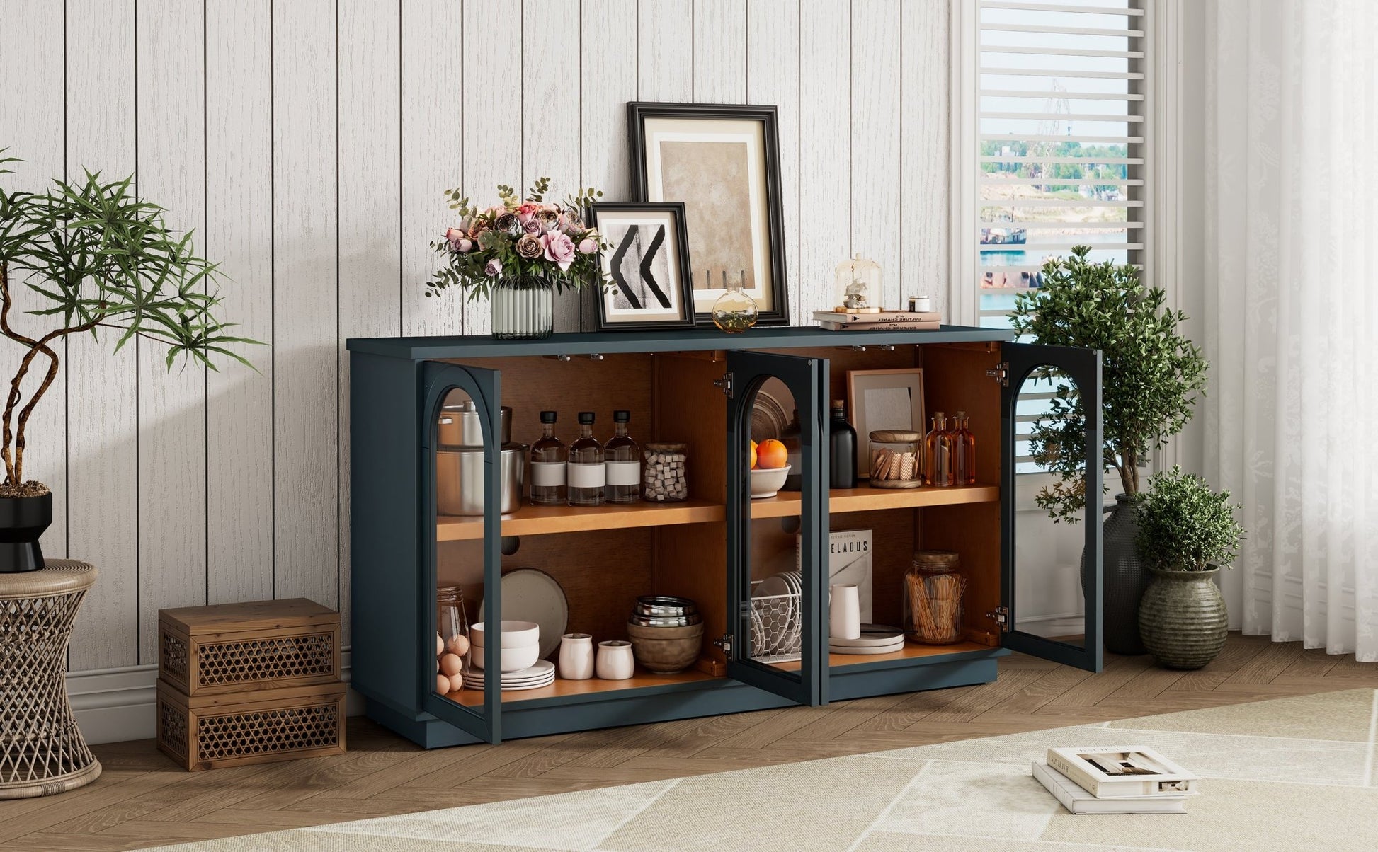 TREXM 4 - Door Large Storage Buffet Cabinet with Glass Doors, Arched Cabinet with Adjustable Shelves for Kitchen, Dining Room and Living Room (Navy) - 1st Choice Furniture Direct