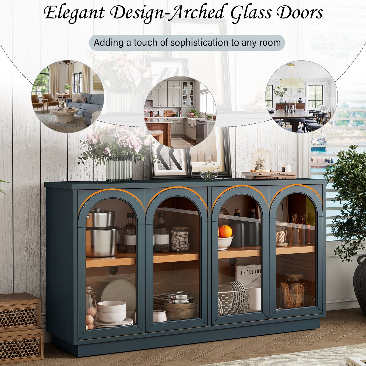 TREXM 4 - Door Large Storage Buffet Cabinet with Glass Doors, Arched Cabinet with Adjustable Shelves for Kitchen, Dining Room and Living Room (Navy) - 1st Choice Furniture Direct
