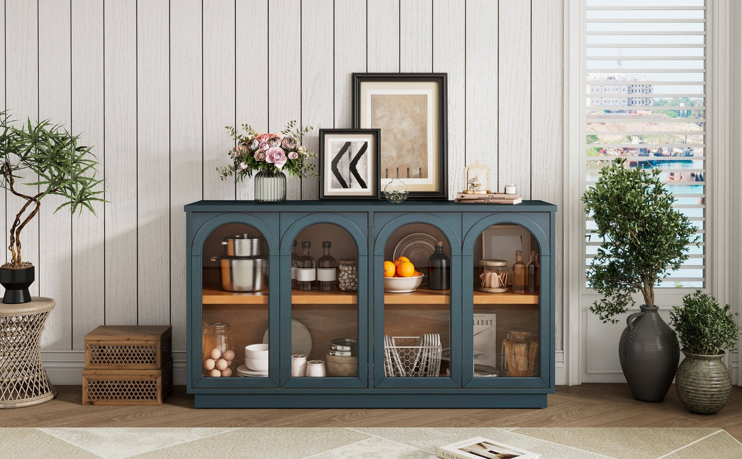 TREXM 4 - Door Large Storage Buffet Cabinet with Glass Doors, Arched Cabinet with Adjustable Shelves for Kitchen, Dining Room and Living Room (Navy) - 1st Choice Furniture Direct