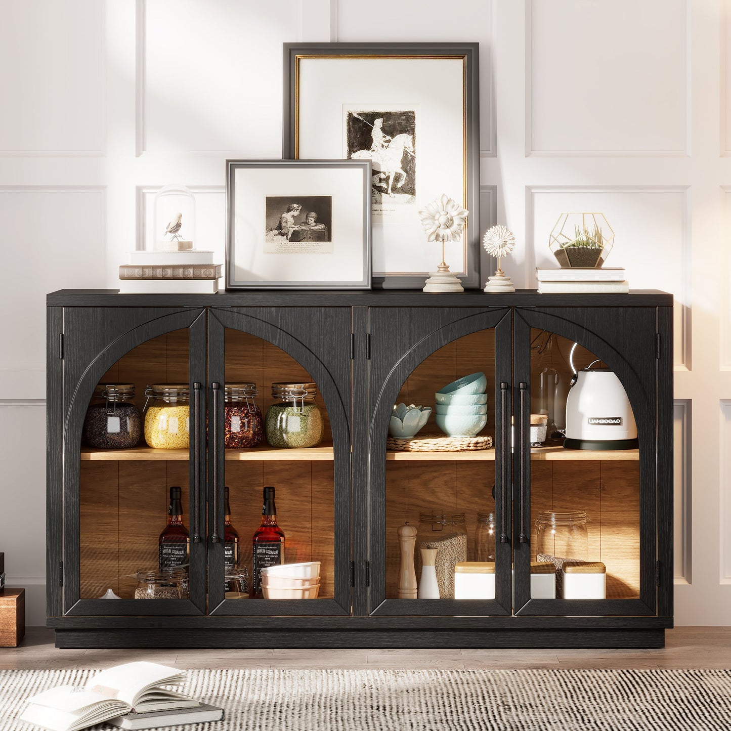 TREXM 4 - Door Large Storage Sideboard Buffet Cabinet with Glass Doors, Arched Cabinet with Adjustable Shelves for Kitchen, Dining Room and Living Room (Black) - 1st Choice Furniture Direct