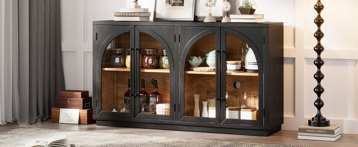 TREXM 4 - Door Large Storage Sideboard Buffet Cabinet with Glass Doors, Arched Cabinet with Adjustable Shelves for Kitchen, Dining Room and Living Room (Black) - 1st Choice Furniture Direct