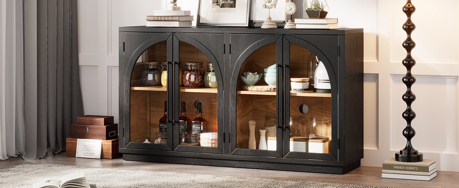 TREXM 4 - Door Large Storage Sideboard Buffet Cabinet with Glass Doors, Arched Cabinet with Adjustable Shelves for Kitchen, Dining Room and Living Room (Black) - 1st Choice Furniture Direct