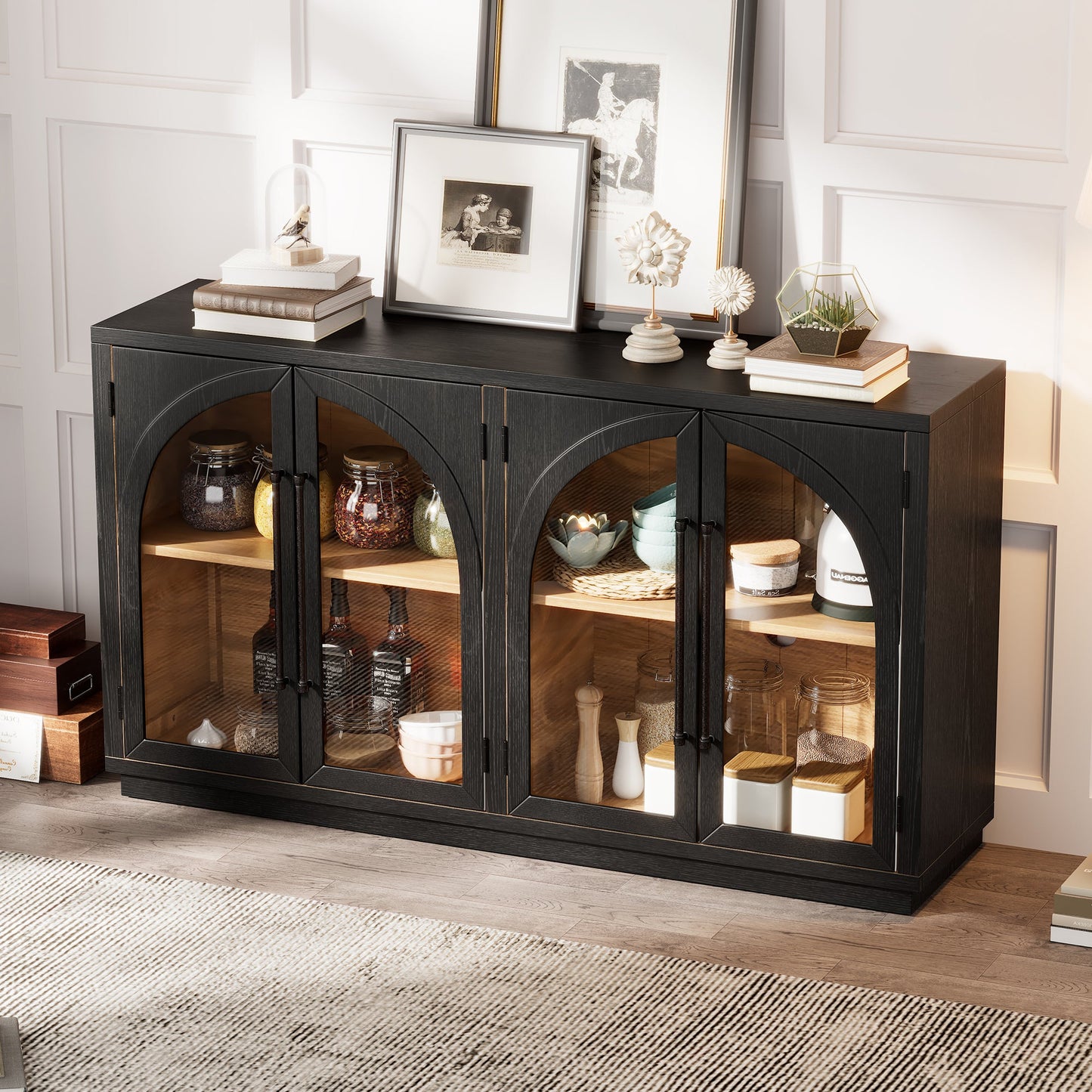 TREXM 4 - Door Large Storage Sideboard Buffet Cabinet with Glass Doors, Arched Cabinet with Adjustable Shelves for Kitchen, Dining Room and Living Room (Black) - 1st Choice Furniture Direct