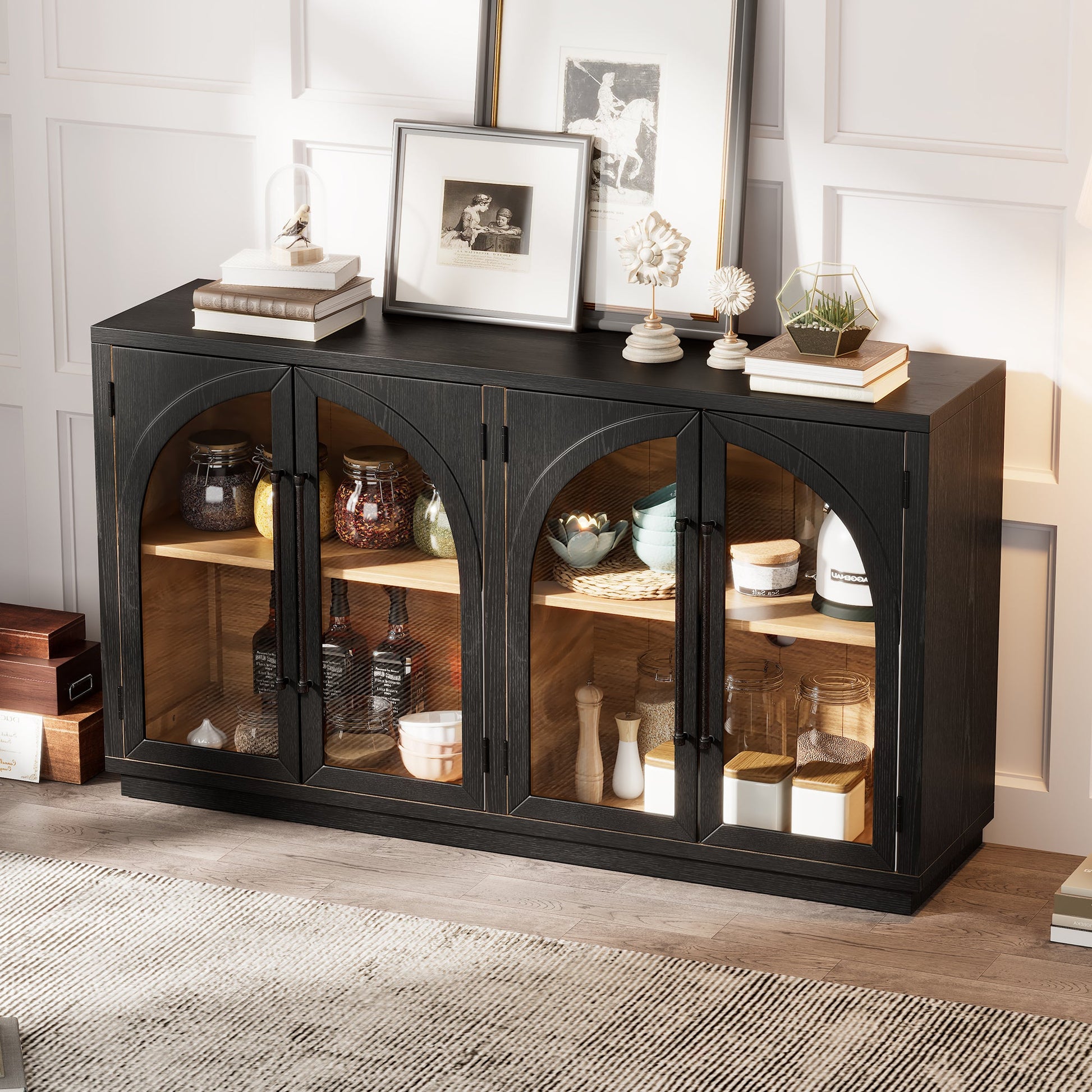 TREXM 4 - Door Large Storage Sideboard Buffet Cabinet with Glass Doors, Arched Cabinet with Adjustable Shelves for Kitchen, Dining Room and Living Room (Black) - 1st Choice Furniture Direct