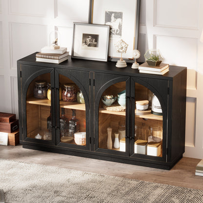 TREXM 4 - Door Large Storage Sideboard Buffet Cabinet with Glass Doors, Arched Cabinet with Adjustable Shelves for Kitchen, Dining Room and Living Room (Black) - 1st Choice Furniture Direct