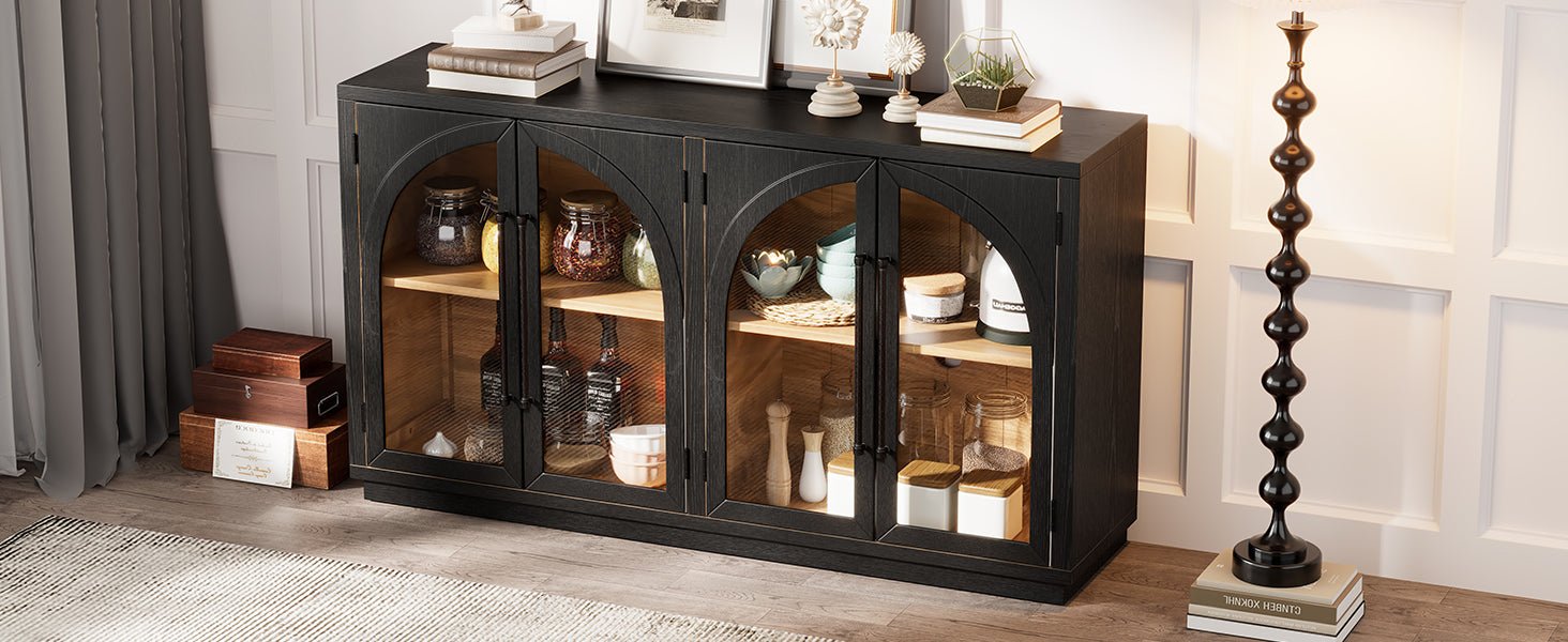 TREXM 4 - Door Large Storage Sideboard Buffet Cabinet with Glass Doors, Arched Cabinet with Adjustable Shelves for Kitchen, Dining Room and Living Room (Black) - 1st Choice Furniture Direct