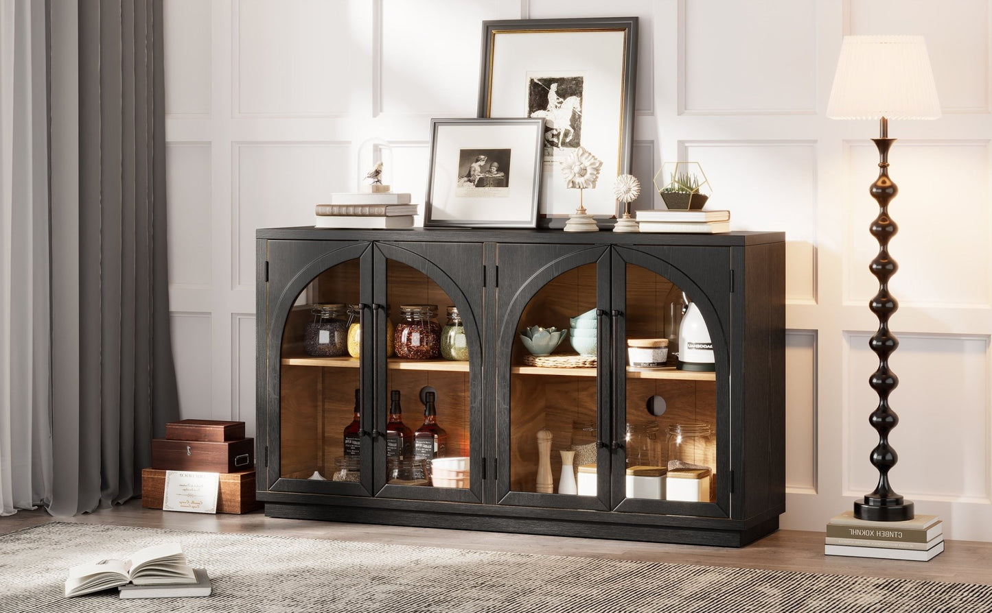 TREXM 4 - Door Large Storage Sideboard Buffet Cabinet with Glass Doors, Arched Cabinet with Adjustable Shelves for Kitchen, Dining Room and Living Room (Black) - 1st Choice Furniture Direct
