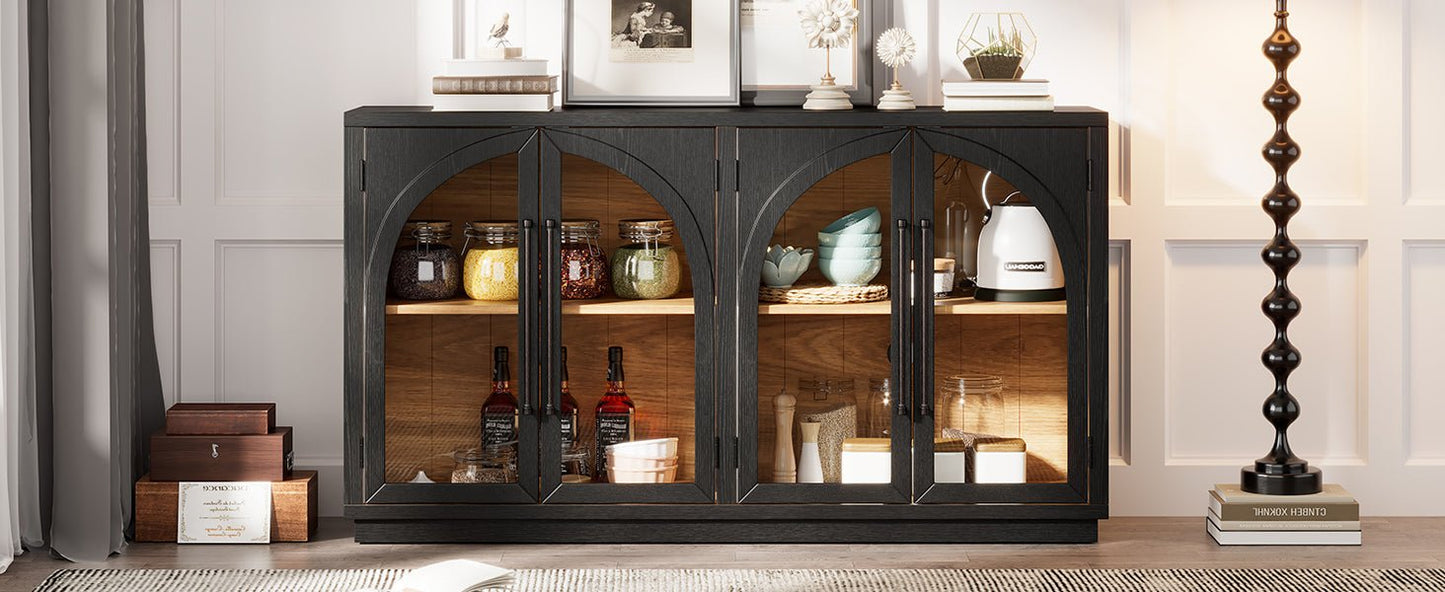 TREXM 4 - Door Large Storage Sideboard Buffet Cabinet with Glass Doors, Arched Cabinet with Adjustable Shelves for Kitchen, Dining Room and Living Room (Black) - 1st Choice Furniture Direct