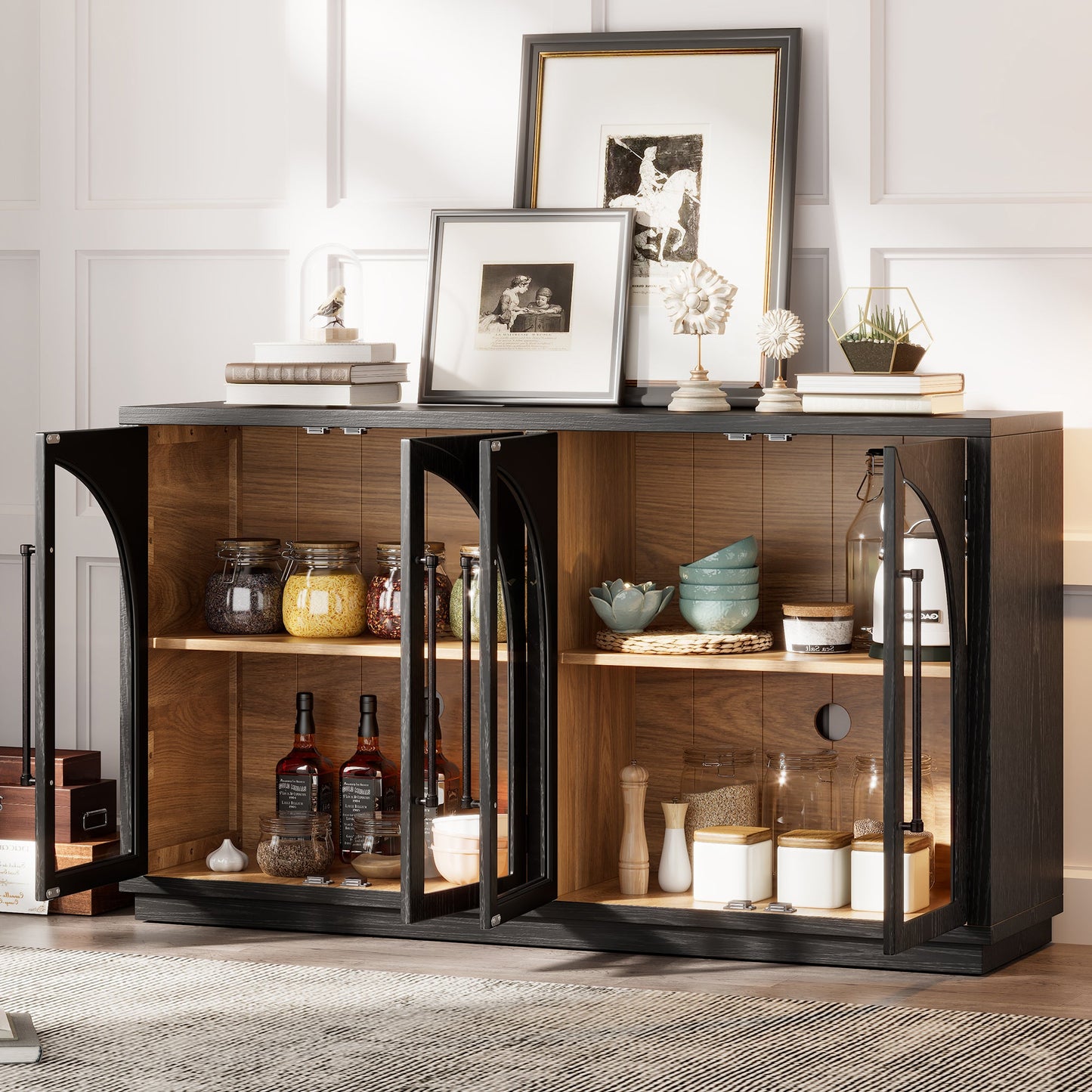 TREXM 4 - Door Large Storage Sideboard Buffet Cabinet with Glass Doors, Arched Cabinet with Adjustable Shelves for Kitchen, Dining Room and Living Room (Black) - 1st Choice Furniture Direct