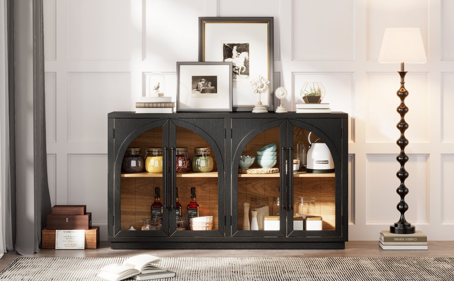 TREXM 4 - Door Large Storage Sideboard Buffet Cabinet with Glass Doors, Arched Cabinet with Adjustable Shelves for Kitchen, Dining Room and Living Room (Black) - 1st Choice Furniture Direct