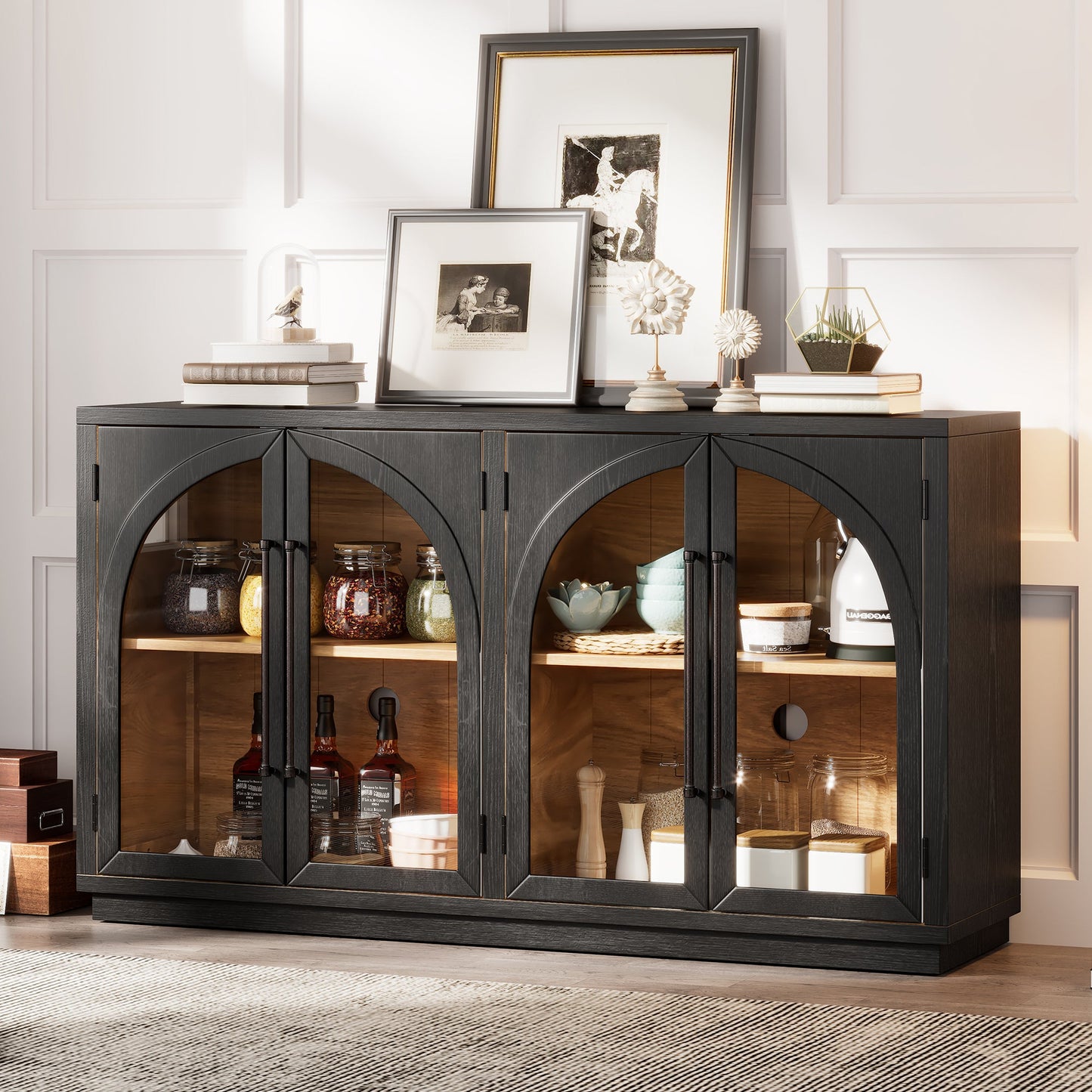 TREXM 4 - Door Large Storage Sideboard Buffet Cabinet with Glass Doors, Arched Cabinet with Adjustable Shelves for Kitchen, Dining Room and Living Room (Black) - 1st Choice Furniture Direct