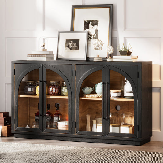 TREXM 4 - Door Large Storage Sideboard Buffet Cabinet with Glass Doors, Arched Cabinet with Adjustable Shelves for Kitchen, Dining Room and Living Room (Black) - 1st Choice Furniture Direct