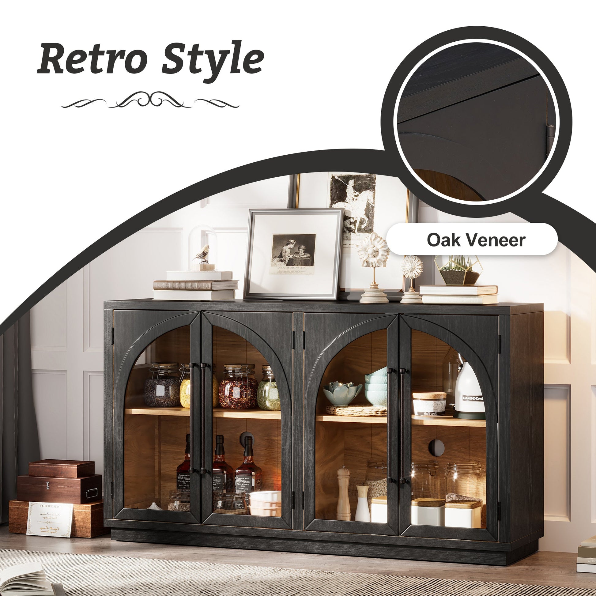 TREXM 4 - Door Large Storage Sideboard Buffet Cabinet with Glass Doors, Arched Cabinet with Adjustable Shelves for Kitchen, Dining Room and Living Room (Black) - 1st Choice Furniture Direct
