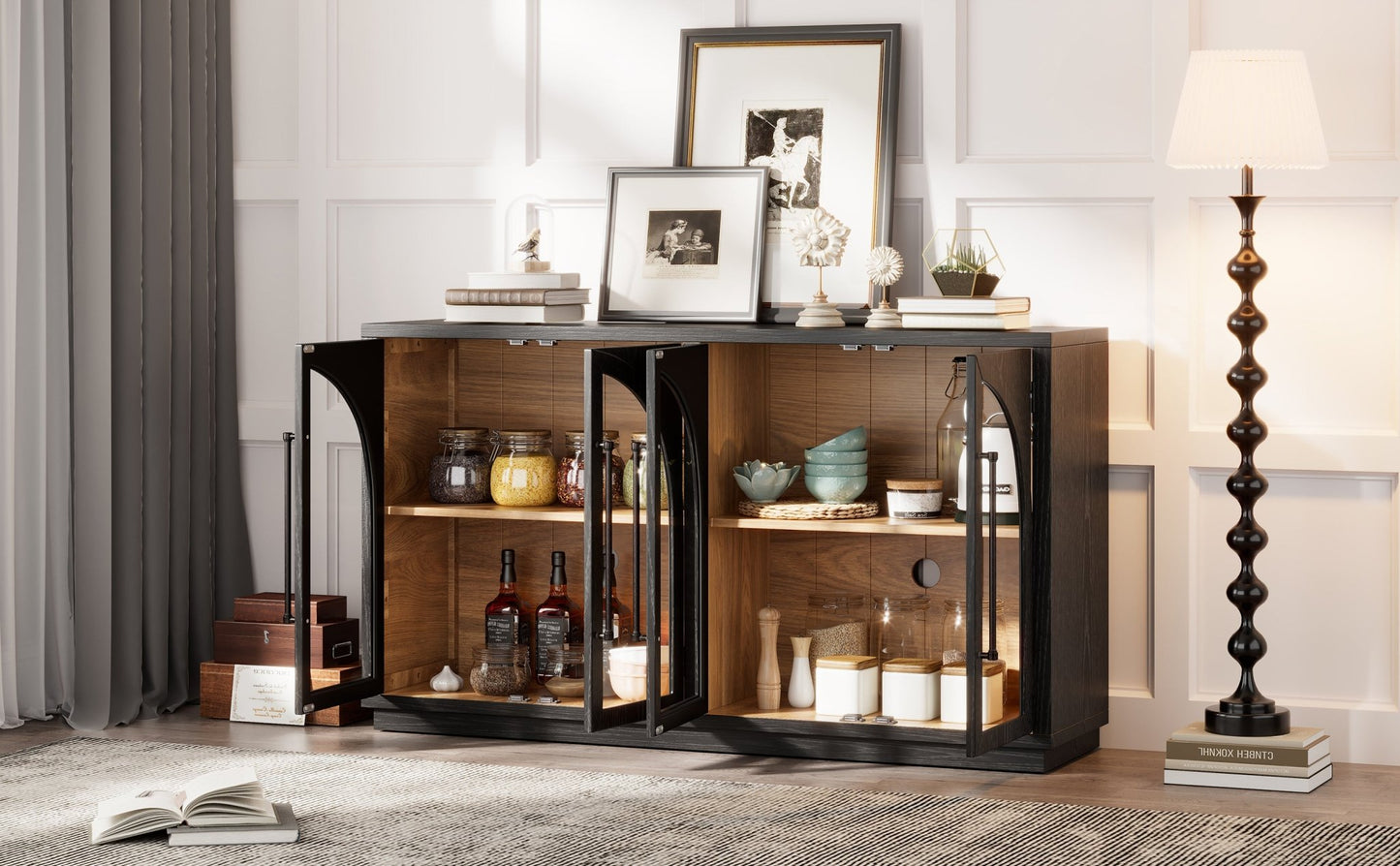 TREXM 4 - Door Large Storage Sideboard Buffet Cabinet with Glass Doors, Arched Cabinet with Adjustable Shelves for Kitchen, Dining Room and Living Room (Black) - 1st Choice Furniture Direct