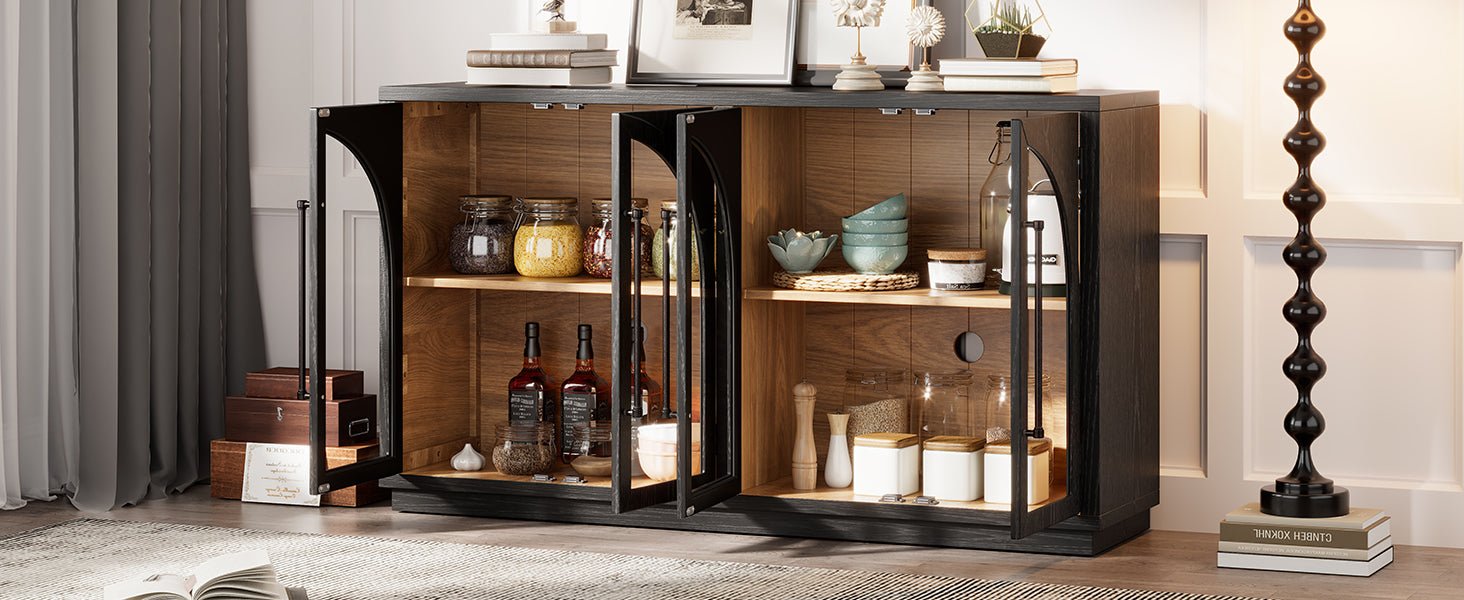 TREXM 4 - Door Large Storage Sideboard Buffet Cabinet with Glass Doors, Arched Cabinet with Adjustable Shelves for Kitchen, Dining Room and Living Room (Black) - 1st Choice Furniture Direct