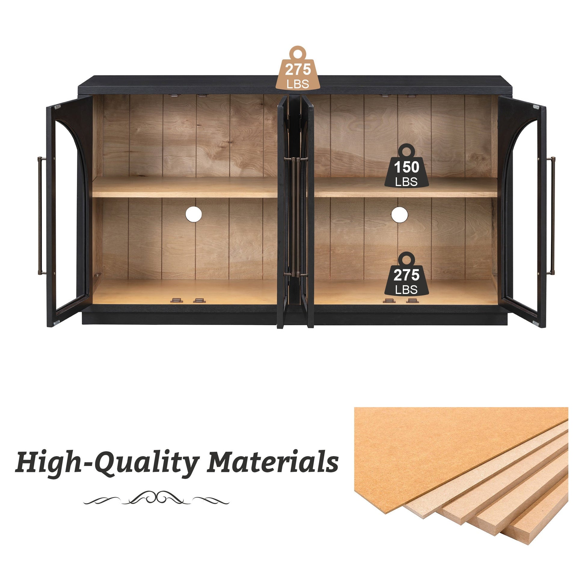 TREXM 4 - Door Large Storage Sideboard Buffet Cabinet with Glass Doors, Arched Cabinet with Adjustable Shelves for Kitchen, Dining Room and Living Room (Black) - 1st Choice Furniture Direct
