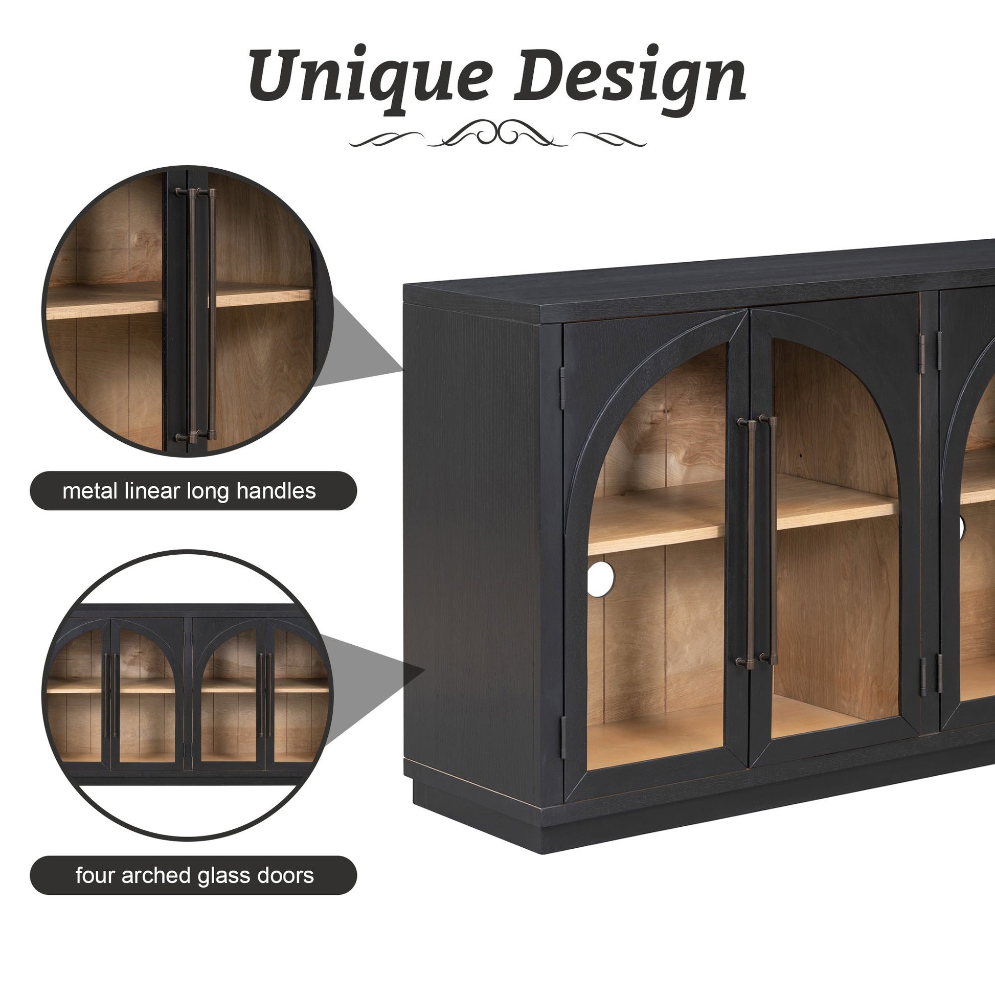 TREXM 4 - Door Large Storage Sideboard Buffet Cabinet with Glass Doors, Arched Cabinet with Adjustable Shelves for Kitchen, Dining Room and Living Room (Black) - 1st Choice Furniture Direct