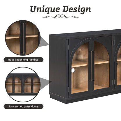 TREXM 4 - Door Large Storage Sideboard Buffet Cabinet with Glass Doors, Arched Cabinet with Adjustable Shelves for Kitchen, Dining Room and Living Room (Black) - 1st Choice Furniture Direct
