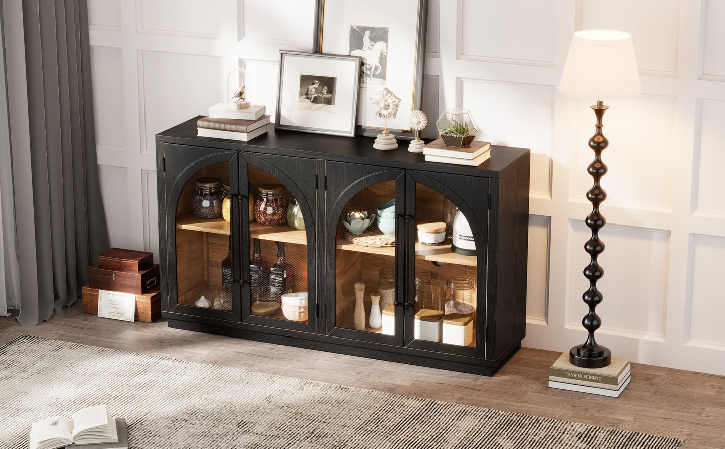 TREXM 4 - Door Large Storage Sideboard Buffet Cabinet with Glass Doors, Arched Cabinet with Adjustable Shelves for Kitchen, Dining Room and Living Room (Black) - 1st Choice Furniture Direct