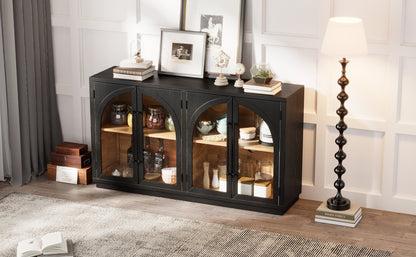 TREXM 4 - Door Large Storage Sideboard Buffet Cabinet with Glass Doors, Arched Cabinet with Adjustable Shelves for Kitchen, Dining Room and Living Room (Black) - 1st Choice Furniture Direct