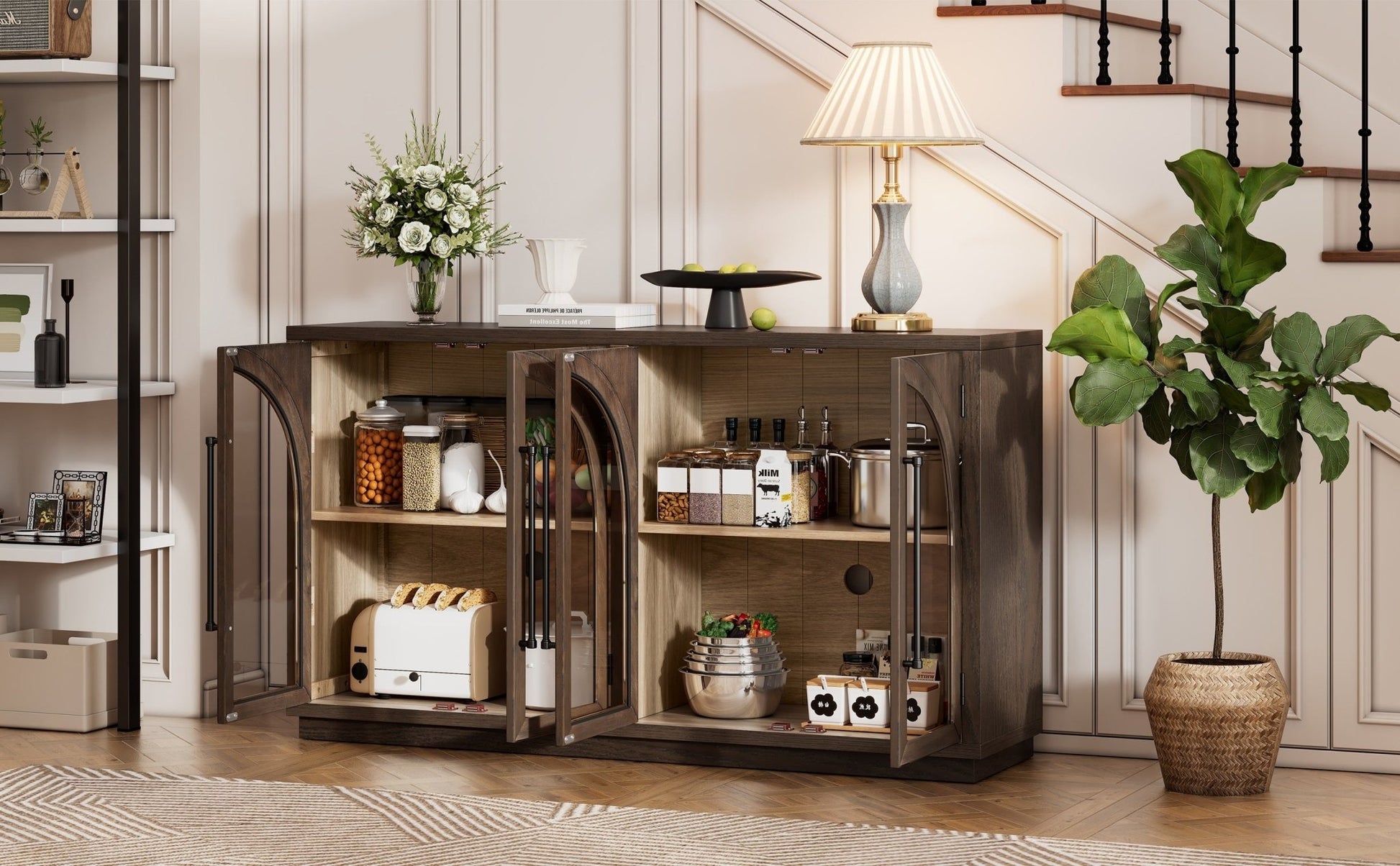 TREXM 4 - Door Large Storage Sideboard Buffet Cabinet with Glass Doors, Arched Cabinet with Adjustable Shelves for Kitchen, Dining Room and Living Room (Espresso) - 1st Choice Furniture Direct