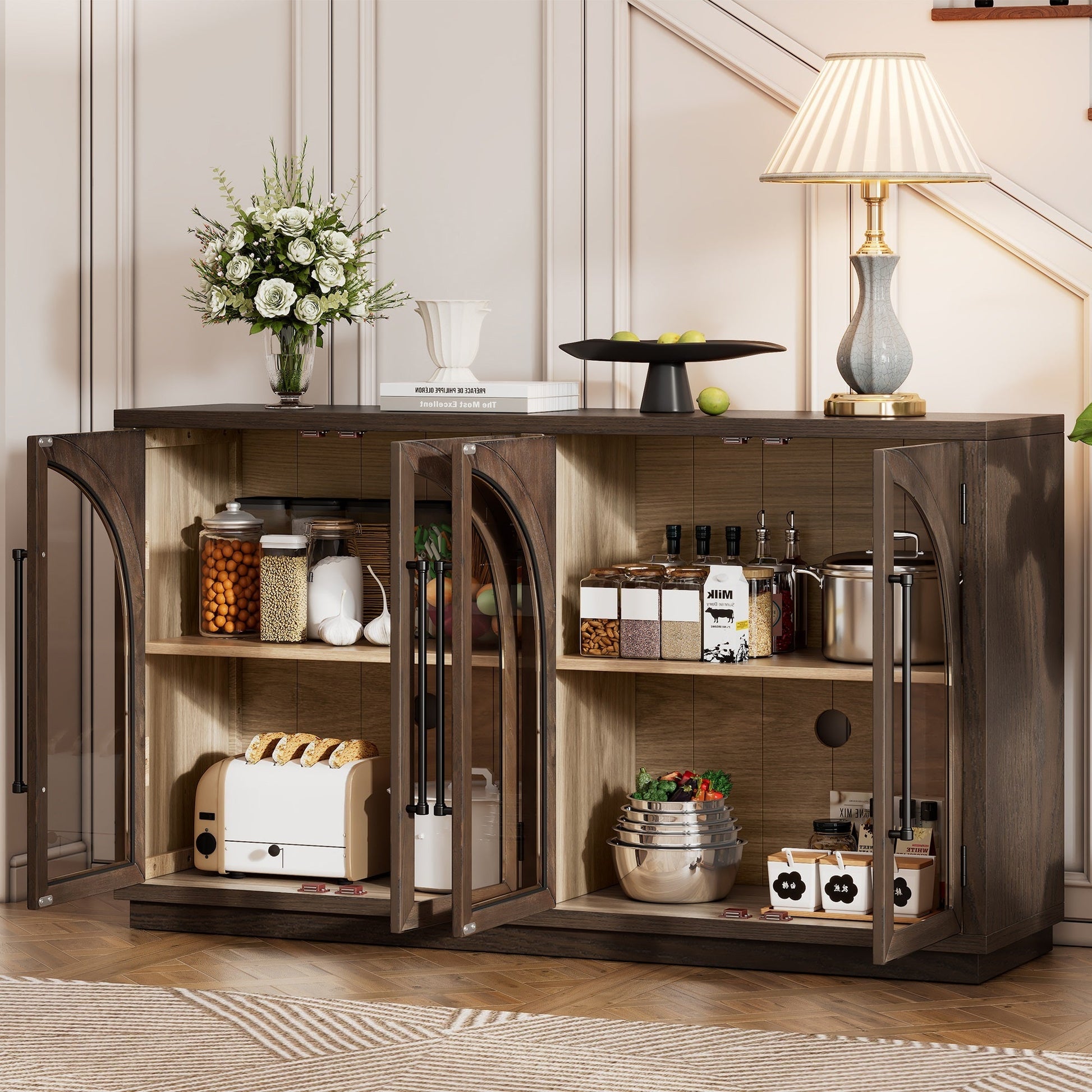 TREXM 4 - Door Large Storage Sideboard Buffet Cabinet with Glass Doors, Arched Cabinet with Adjustable Shelves for Kitchen, Dining Room and Living Room (Espresso) - 1st Choice Furniture Direct