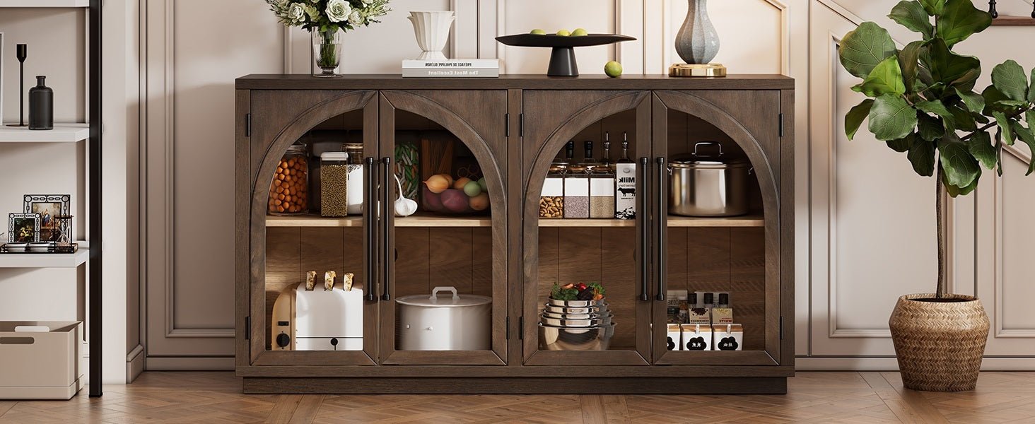 TREXM 4 - Door Large Storage Sideboard Buffet Cabinet with Glass Doors, Arched Cabinet with Adjustable Shelves for Kitchen, Dining Room and Living Room (Espresso) - 1st Choice Furniture Direct
